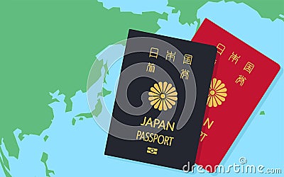 æ—¥æœ¬å‘¨è¾ºã®ä¸–ç•Œåœ°å›³ã¨æ—¥æœ¬ã®ãƒ‘ã‚¹ãƒãƒ¼ãƒˆã€ä¸€èˆ¬æ—…åˆ¸ã€€ç´ºè‰²ã¨èµ¤è‰² Stock Photo